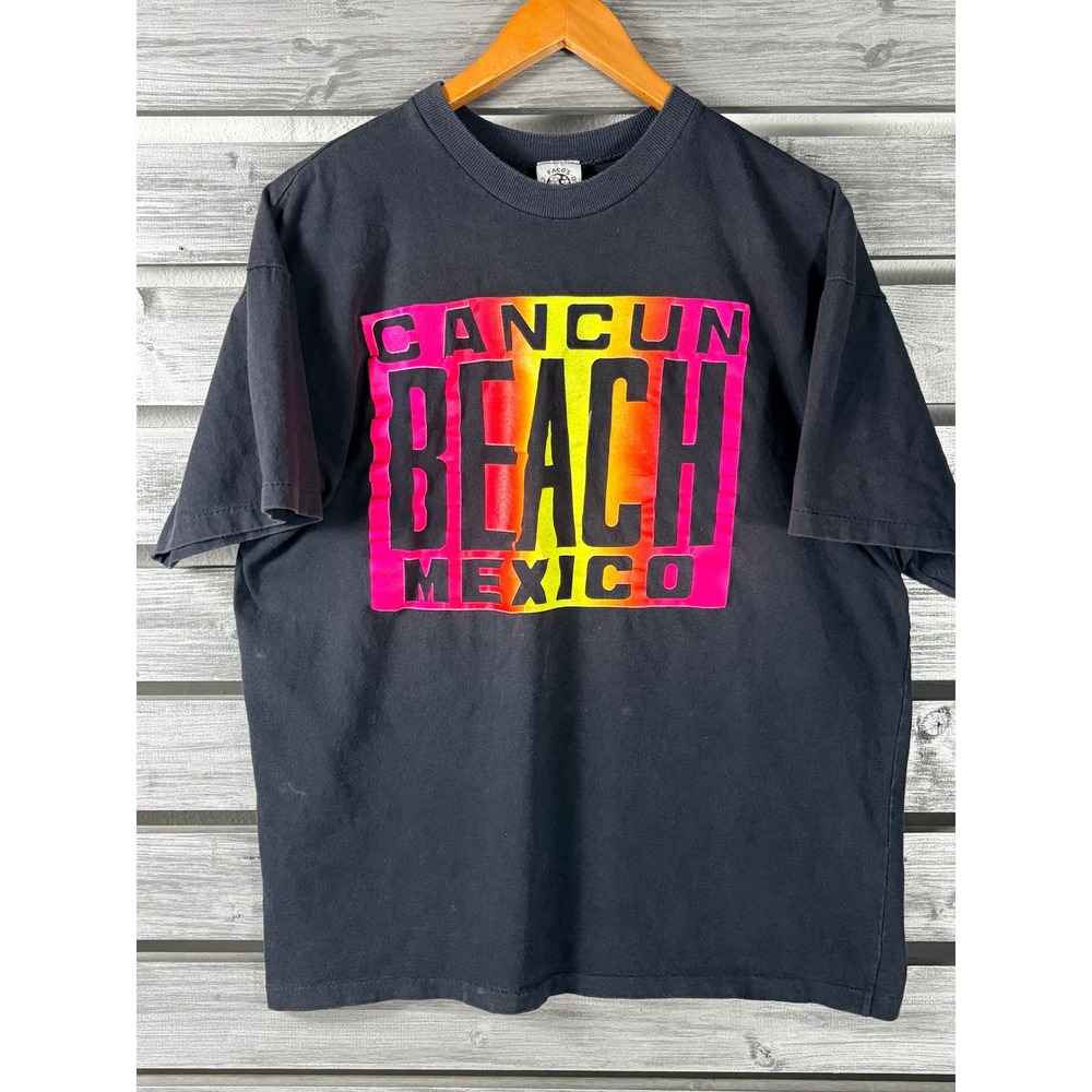 Vintage Paco's Caribbean Mexico Cancun Beach T-Shirt Black Neon L single stitch